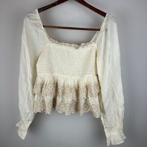 American Eagle Outfitters Cream Smocked Tiered Eyelet Peplum Blouse Size medium
